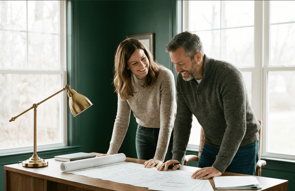 Professional couple reviewing plans in a warm, sophisticated home office